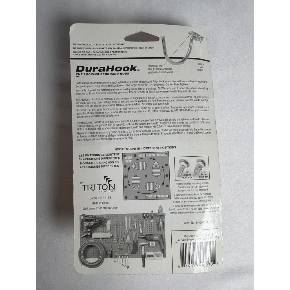 CURVED Triton Products DuraHook Pegboard Hook Unisex OS Gold NEW